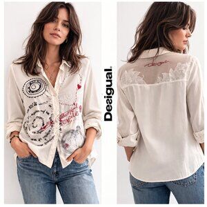 Desigual Cream Graphic Button Up Shirt Cotton Mesh Back Sleeve Tabs Medium
